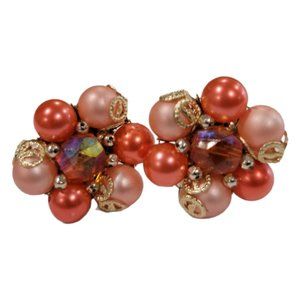 Vintage Clip On Coral Gold Pink Earrings Ear Clips Cluster Japan 1950s Adorable!